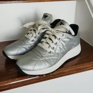 Prada Metallic Silver Leather Low Top Sneakers, size 38.5 Prada Silver Embroidered Leather Low Top Sneakers Size 38  main image 4